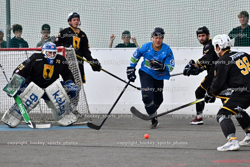 ASKÖ Hockey Villach vs. VAS Ballhockey  | #70 Moser Lukas VAS Villach, #17 Hobitsch Samuel VAS Villach, #13 SCHARF Nikolas ASKÖ Villach Hockey, #10 Falkner Marco VAS Villach, #98 Smoliner Tobias VAS Villach, ASKÖ Hockey Villach vs. VAS Ballhockey , ASKÖ Hockey Villach vs. VAS Ballhockey  am 06.07.2025 in Villach (Alpen Arena ), Austria, (Photo by Bernd Stefan)