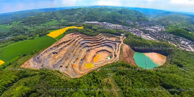 Hagen230520023HohenlimburgSteinbruch | Luftbild, Steinbruch Steltenberg, Hohenlimburger Kalkwerke, Erdkugel, Fisheye Aufnahme, Fischaugen Aufnahme, 360 Grad Aufnahme, Hohenlimburg, Hagen, Sauerland, Nordrhein-Westfalen, Deutschland