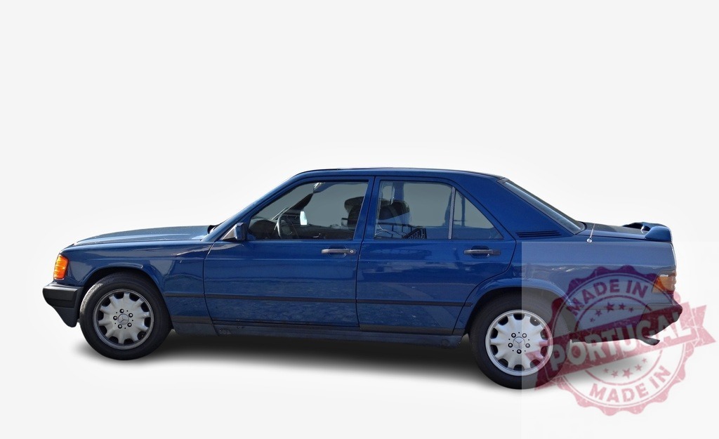 Blue Mercedes-Benz 190E is parked on white background | Classic blue Mercedes-Benz 190E sedan parked on a white background, showcasing its timeless design - Realisiert mit Pictrs.com