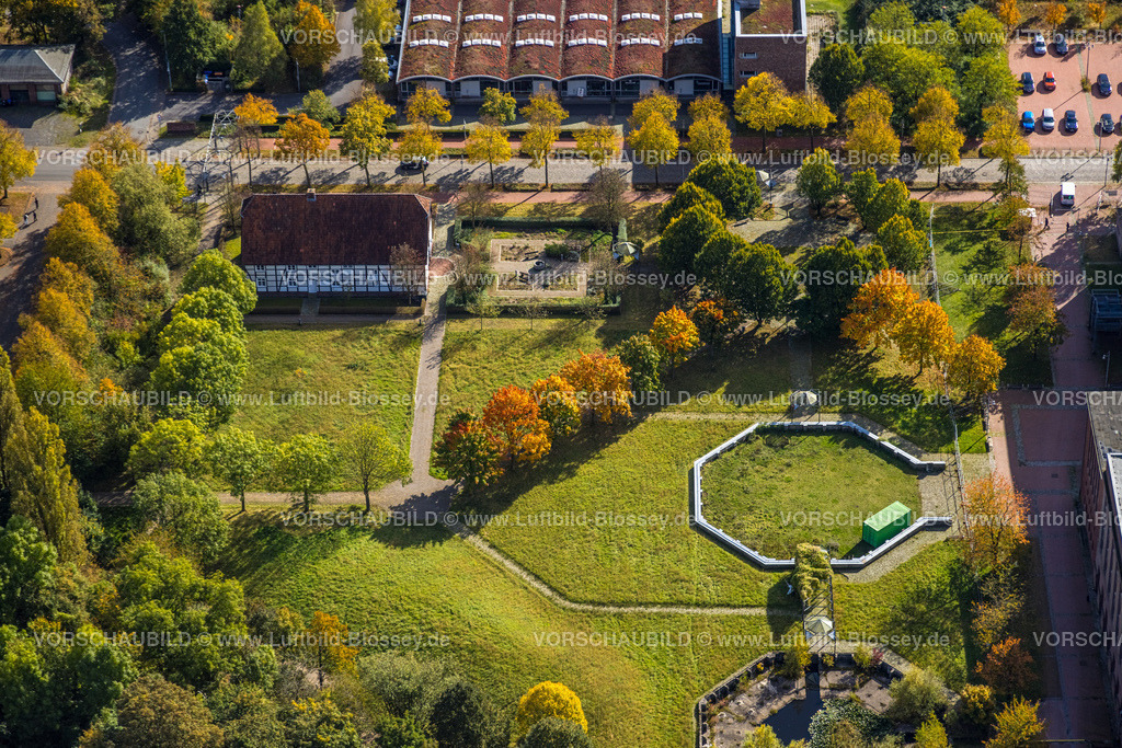 Hamm241008612 | Luftbild, ehemalige Zeche Sachsen Schachtanlage 1/2/5, Wiesenfläche und Öko-Zentrum NRW Fachwerkhaus, herbstliche Bäume, Sachsenweg, Stadtbezirk Heessen, Hamm, Ruhrgebiet, Nordrhein-Westfalen, Deutschland