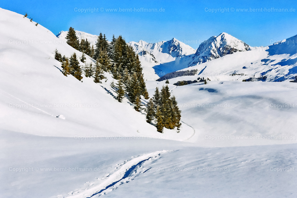 PAD2_RH_Praetsch_Arosa_150x100 | DIGITALKUNST. Schneeschuh-Trail in Prätsch. __ Schneeschuhspuren im unberührten Schnee. Blick über das Gebiet Prätsch in der Region Arosa mit dem Weißfluhjoch. __ Das Basisfoto für dieses malerisch verwandelte Werk hat der Schweizer Hobbyfotograf Rene Hinder gemacht und es Bernt Hoffmann für dessen Kunstpart zur Verfügung gestellt. __ Seitenverhältnis = 3 zu 2 - Realisiert mit Pictrs.com