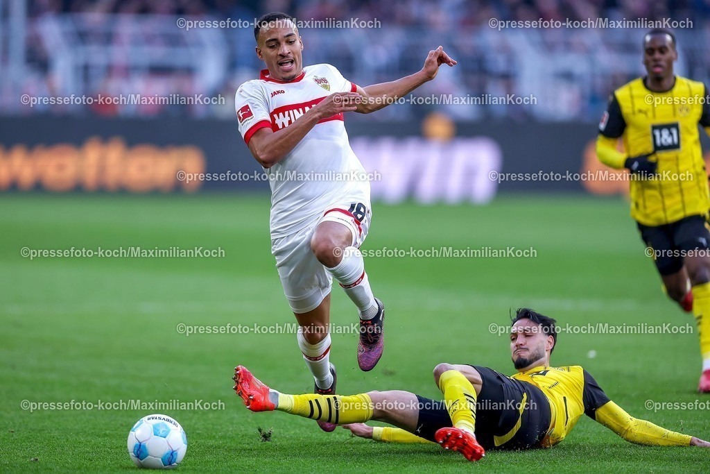 BVB08022501040 | 08.02.2025, Fußball, Borussia Dortmund - VfB Stuttgart, 1. Fußball Bundesliga, 21. Spieltag, Signal Iduna Park, Saison 2024 2025: Jamie Leweling (VfB Stuttgart #18) im Zweikampf gegen Ramy Bensebaini (BVB #5)DFB regulations prohibit any use of photographs as image sequences and or quasi-video.