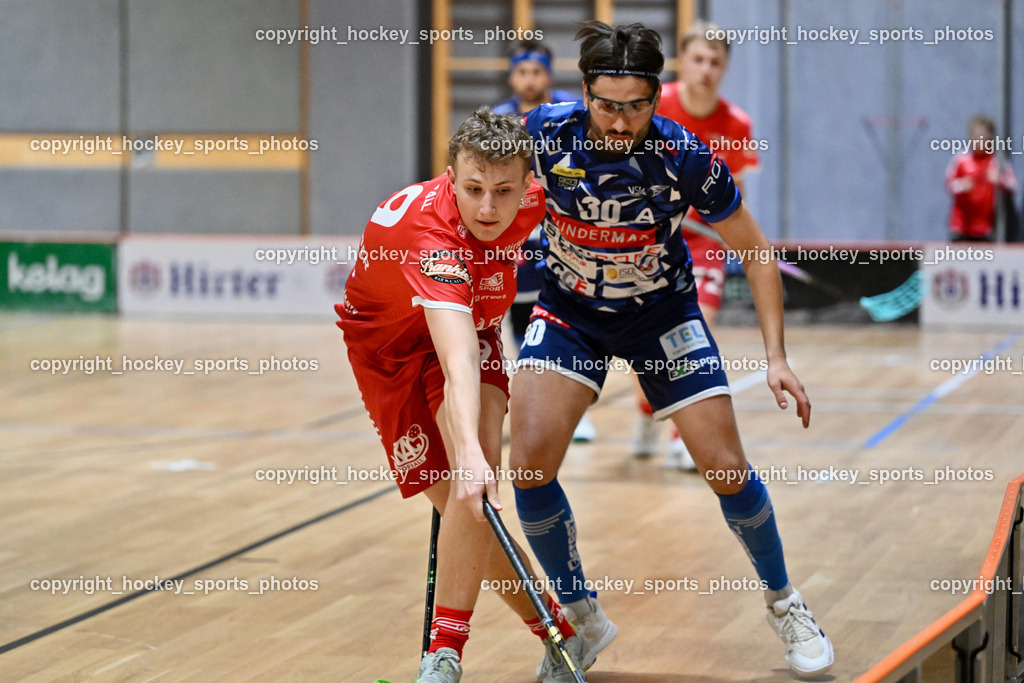 KAC Floorball vs. VSV Unihockey | #29 Sebastian Flaschberger KAC Floorball, #30 Christoph Steiner VSV Unihockey, KAC Floorball vs. VSV Unihockey, KAC Floorball vs. VSV Unihockey am 21.03.2026 in Klagenfurt (Ballspielhalle Waidmannsdorf), Austria, (Photo by Bernd Stefan)