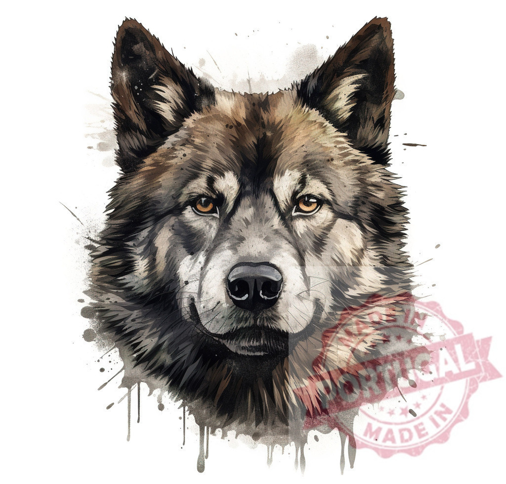 Wolf head watercolor illustration with paint splashes | Professional artful dog portraits Wolf head watercolor illustration with brown fur and expressive eyes on a white background - Realized with Pictrs.com