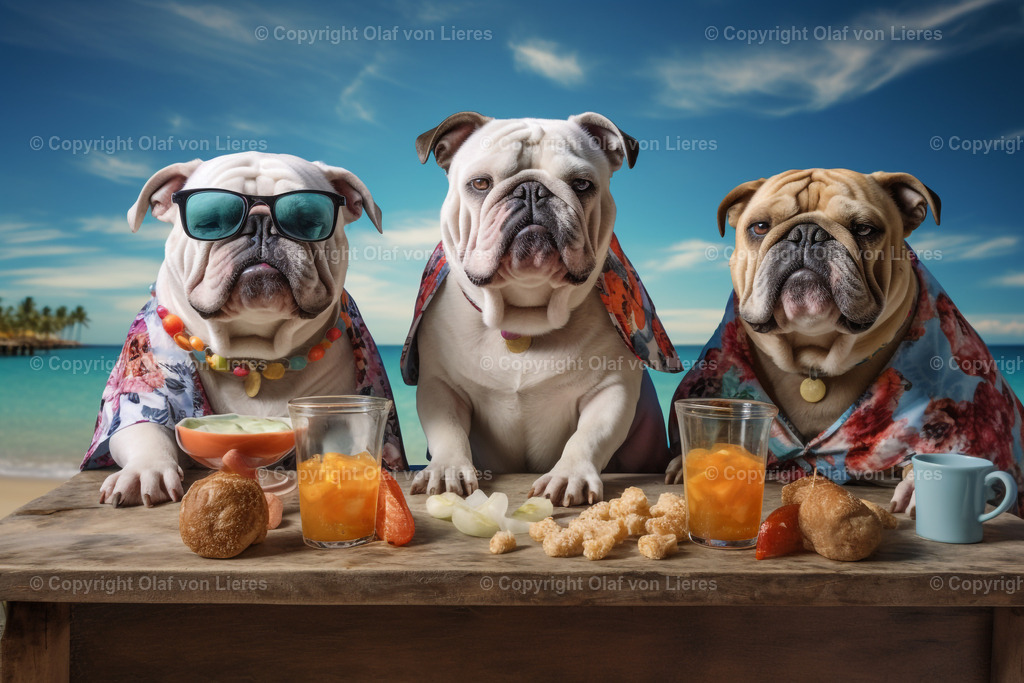 Bulldoggen machen Urlaub | Bulldoggen mit Sonnenbrillen am Strand
