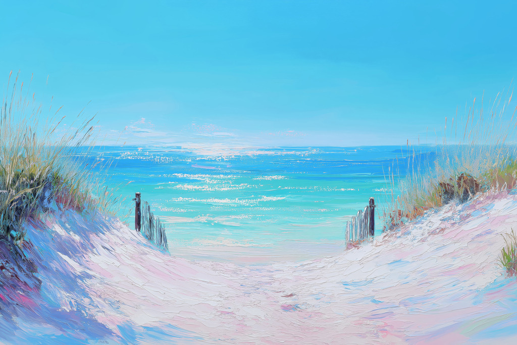 2603019 - Glitzerndes Meer | Dünenweg zu einem glitzernden Meer, modernes maritimes Gemälde als hochwertiger Kunstdruck.