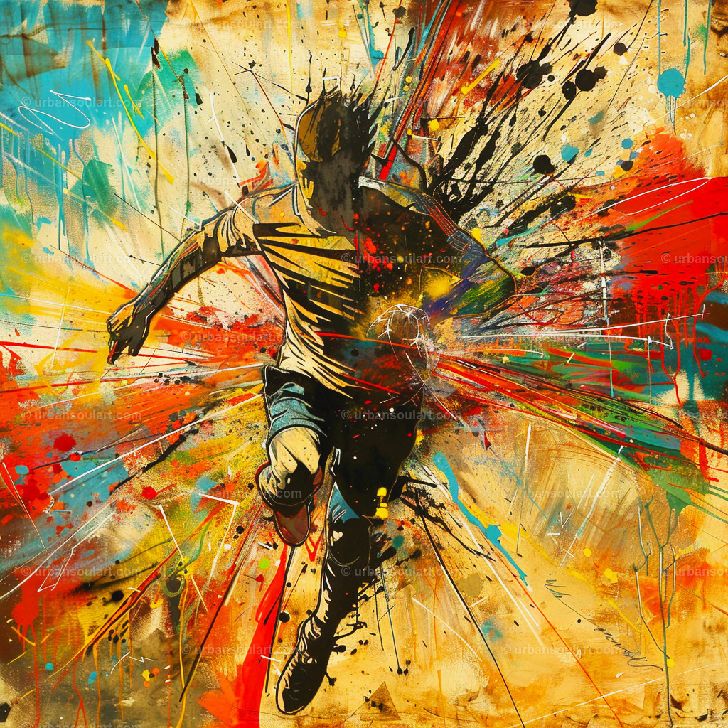 Soccer Player Explodes | A dynamic and colorful depiction of a soccer player in action, with splashes of color and movement capturing the intensity of the game. Perfect for sports enthusiasts. - Realisiert mit Pictrs.com