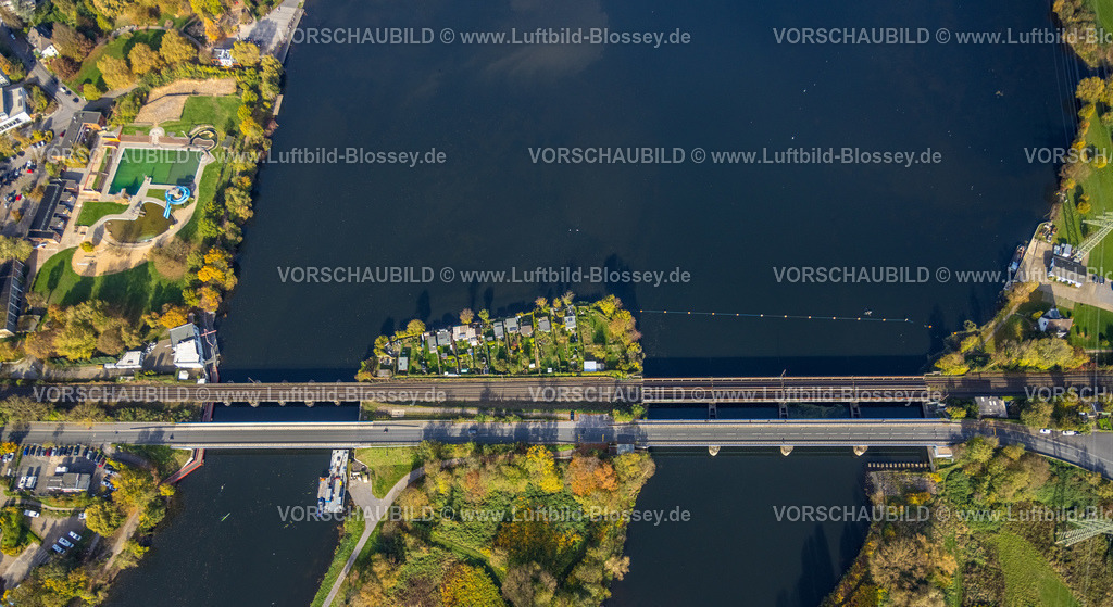 Wetter221017244 | Luftbild, Ruhrbrücke Friedrichstraße am Harkortsee, Eisenbahnbrücke, Fluss Ruhr, Kleingartenanlage, Wetter, Ruhrgebiet, Nordrhein-Westfalen, Deutschland