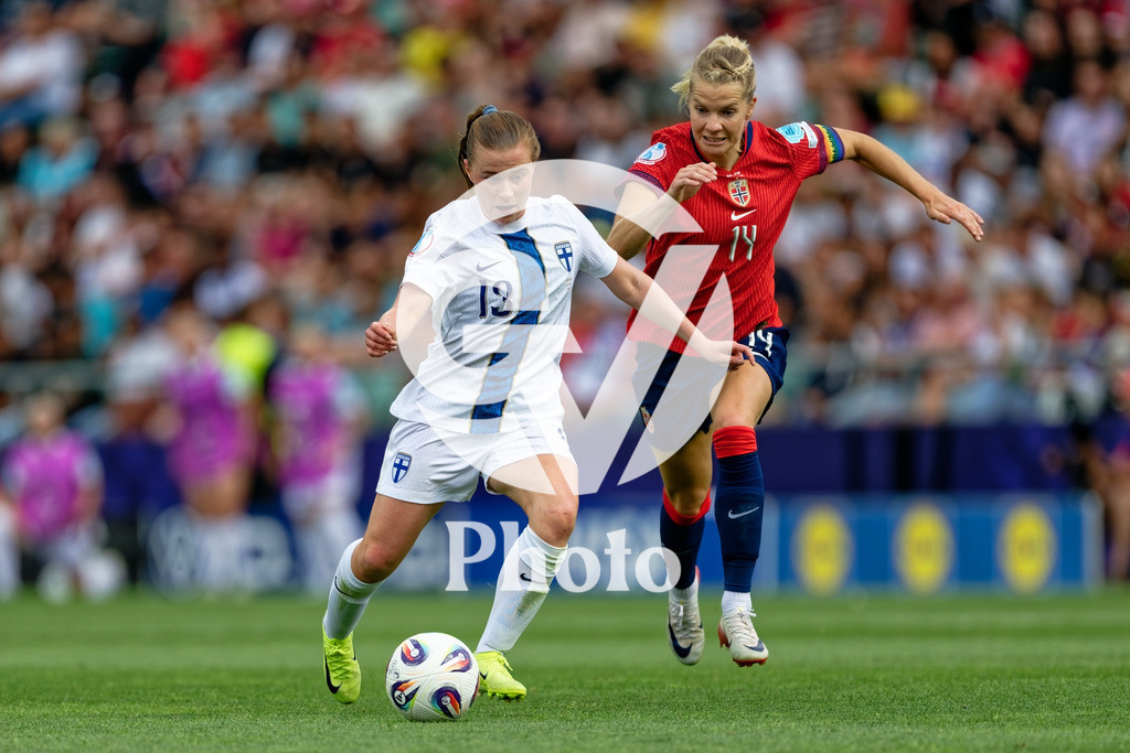 Norway v Finland - UEFA Women's EURO 2025 Group A | SION, SWITZERLAND - JULY 6: Oona Siren of Finland (L) fight for possession  Ada Hegerberg of Norway (R)  during the UEFA Womens EURO 2025 Group A match between Norway and Finland at Stade de Tourbillon on July 6, 2025 in Sion, Switzerland. (Photo by Giuseppe Velletri/Sports Press Photo/Getty Images)