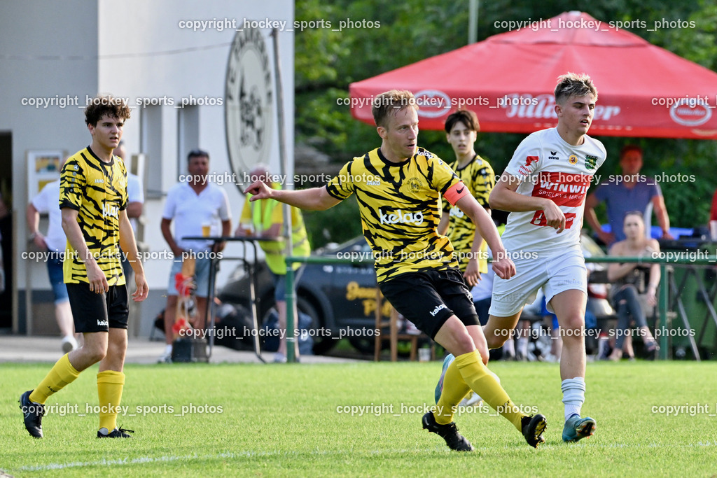 FC Faakersee vs. Rapid Lienz  | #23 Roman Adunka FC Faakersee, #16 Sandro Unterreiner Rapid Lienz, FC Faakersee vs. Rapid Lienz , FC Faakersee vs. Rapid Lienz  am 04.08.2024 in Faakersee (Sportplatz Faakersee), Austria, (Photo by Bernd Stefan)