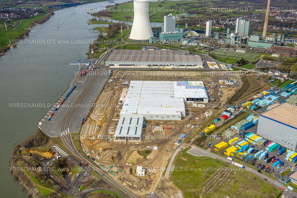 Duisburg230301274 | Luftbild, logport VI, Baustelle mit Neubau am STEAG Kraftwerk Walsum am Fluss Rhein, Alt-Walsum, Duisburg, Ruhrgebiet, Nordrhein-Westfalen, Deutschland