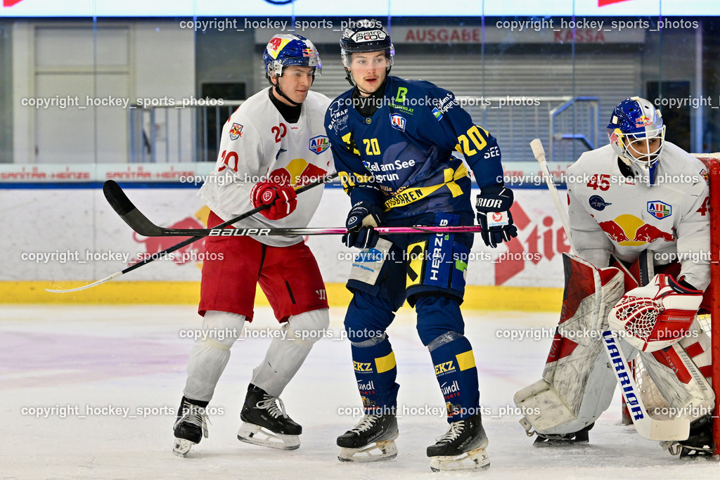 RED BULL HOCKEY JUNIORS vs. EK DIE ZELLER EISBÄREN | #20 Kirchebner Maximilian RED BULL HOCKEY JUNIORS, #20 Rappold Kilian EK DIE ZELLER EISBÄREN, #45 Ankirchner Valentin RED BULL HOCKEY JUNIORS, RED BULL HOCKEY JUNIORS vs. EK DIE ZELLER EISBÄREN, RED BULL HOCKEY JUNIORS vs. EK DIE ZELLER EISBÄREN am 14.01.2025 in Salzburg (Eisarena Salzburg), Austria, (Photo by Bernd Stefan)