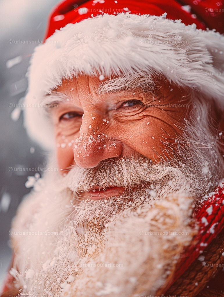 Santa In the Snow Portrait | Embrace the warmth of the holidays with this classic portrait of Santa Claus surrounded by snow. His gentle smile and frosty beard make this piece an inviting and heartwarming addition to any festive setting, radiating joy and winter charm. - Realisiert mit Pictrs.com