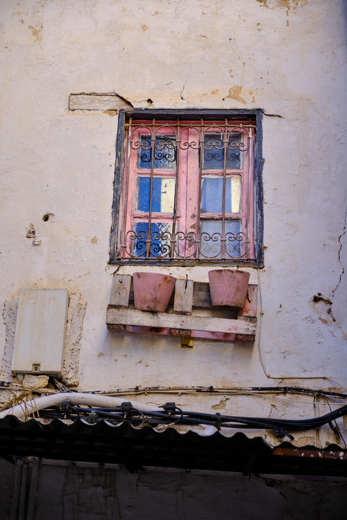 Hauswand mit rosaroten Fenstern und Blumentopf | Fes, Marokko - November 11, 2024: Hauswand mit rosaroten Fenstern und Blumentopf. - Realisiert mit Pictrs.com