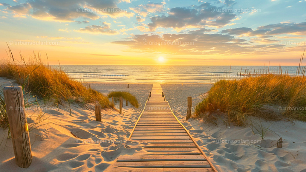 Beach Landscape With Dunes And Boardwalk At Sunset | This serene beachscape features a boardwalk through dunes leading to the ocean, illuminated by a beautiful sunset. Perfect for coastal decor, adding warmth and tranquility. - Realisiert mit Pictrs.com