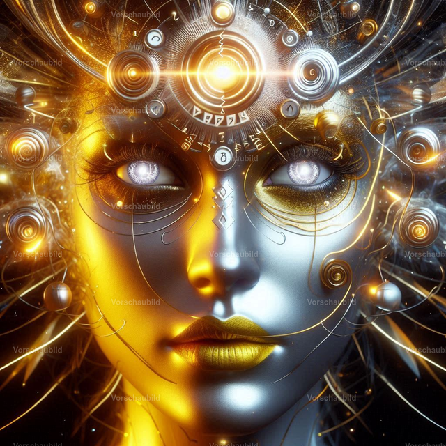 Ein majestätisches Bild aus Licht_ Energie_ Liebe und Dankbarkeit in den Farben Gold_ Silber und Schwarz_ mit Spiegeln und Schatten vom Vü ZiRKUS von Marko Stephan_ einem menschlichen_ weiblichen Clown  (3) | Entdecke DEJAVUE ZiRKUS bei 3TB Media Studio Postershop: über 40.000 Bilder zum Personalisieren. Poster, Leinwände, Textildruck; direkt bestellbar, realisiert mit Pictrs.com.. - Realisiert mit Pictrs.com