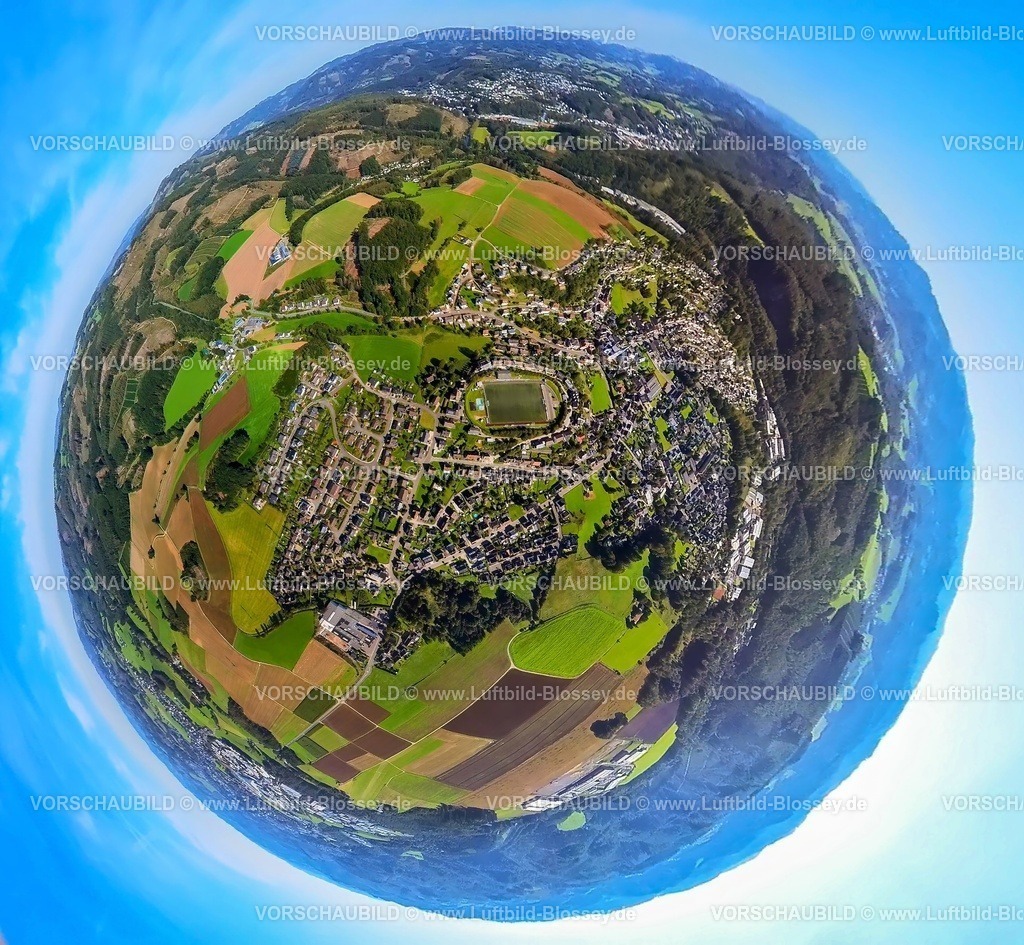 Finnentrop230990297HeggenStadion | Luftbild, Ortsansicht Ortsteil Heggen mit Stadion, Erdkugel, Fisheye Aufnahme, Fischaugen Aufnahme, 360 Grad Aufnahme, tiny world, Heggen, Finnentrop, Sauerland, Nordrhein-Westfalen, Deutschland
