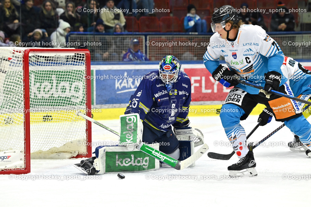 EC IDM Wärmepumpen VSV vs. Steinbach Black Wings Linz | #35 Joe Cannata EC VSV, #7 Brian Lebler Black Wings Linz, EC IDM Wärmepumpen VSV vs. Steinbach Black Wings Linz, EC IDM Wärmepumpen VSV vs. Steinbach Black Wings Linz am 28.11.2025 in Villach (Stadthalle Villach), Austria, (Photo by Bernd Stefan)