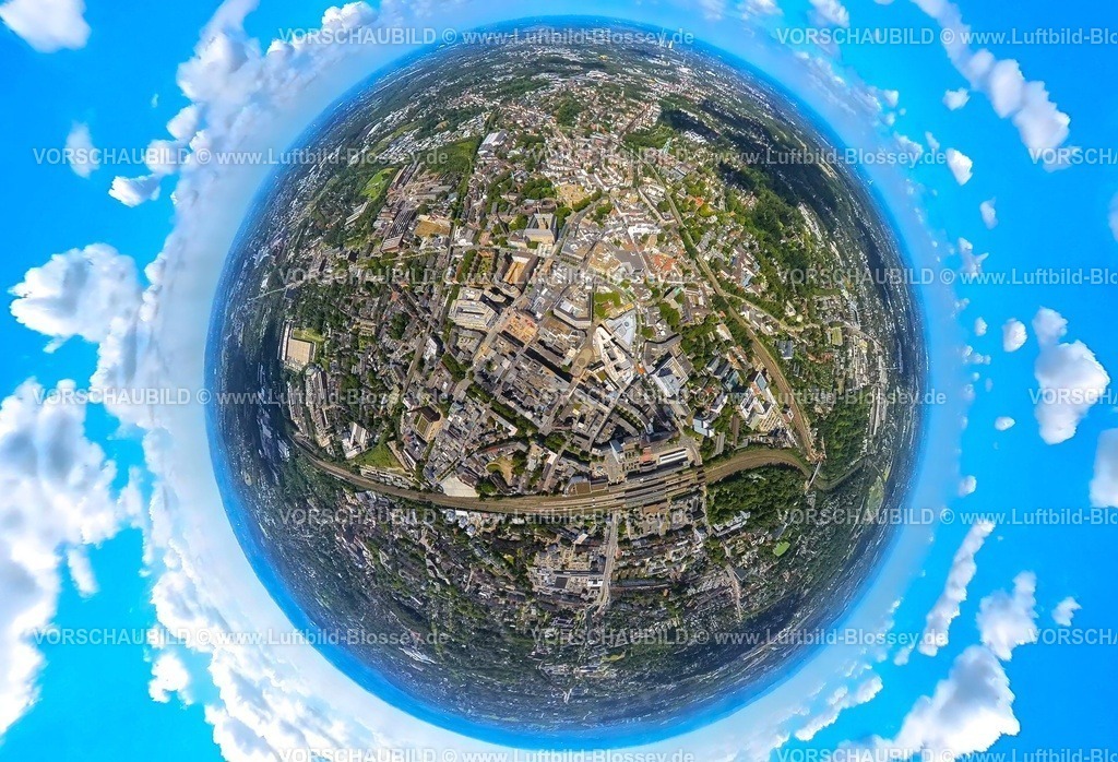 Bochum230890063 City | Luftbild, City Innenstadtansicht, Viktoria-Karree, Rathaus, Baustelle Husemannplatz, Erdkugel, Fisheye Aufnahme, Fischaugen Aufnahme, 360 Grad Aufnahme, tiny world, Gleisdreieck, Bochum, Ruhrgebiet, Nordrhein-Westfalen, Deutschland