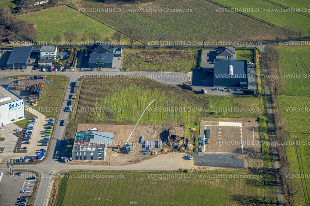 Olfen230206647 | Luftbild, Gewerbegebiet Olfen-Ost II, Baustelle Zimmermannstraße, Olfen-Stadt, Olfen, Münsterland, Nordrhein-Westfalen, Deutschland