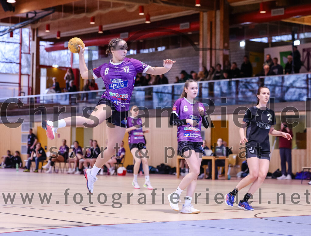 2024-12-14_049_SpVgg_Altenerding_gegen_SVA_Palzing | Erding, Deutschland, 14.12.2024:Handball, Bezirksoberliga Frauen Altbayern 2024 / 2024, 9. Spieltag, SpVgg Altenerding gegen SVA Palzing, Endergebnis: 20:30Lena Prem (SpVgg Altenerding, #8), Lena Graf (SpVgg Altenerding, #6), Anja Schmidt (SVA Palzing, #2)Foto: Christian Riedel / fotografie-riedel.net