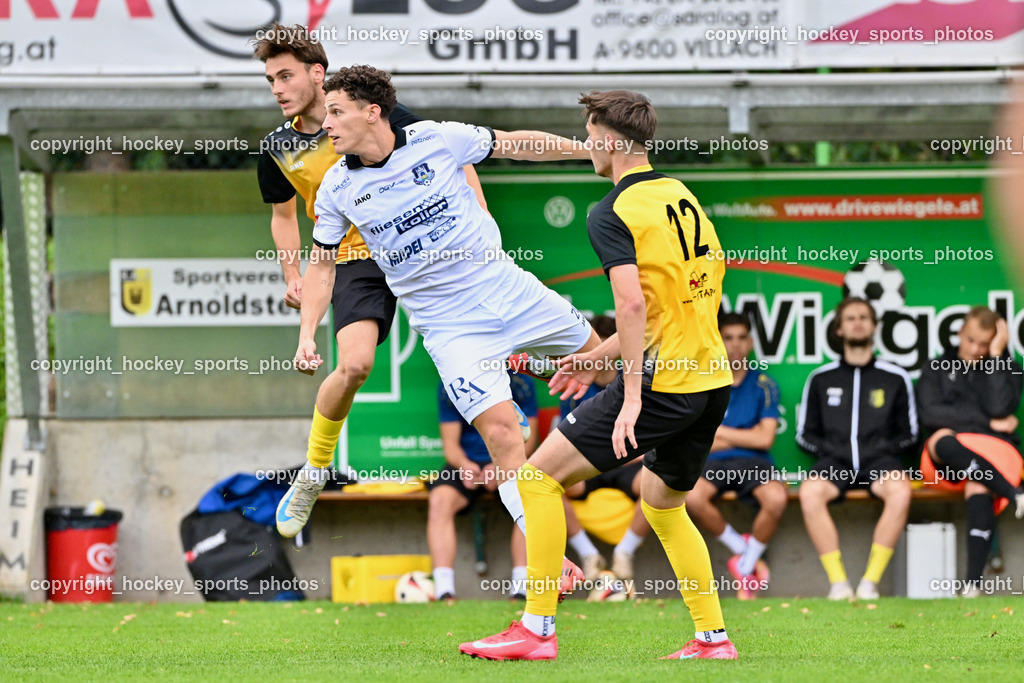 SV Arnoldstein vs. ATUS Velden | #12 Andrej Tolic SV Arnoldstein, #20 Alessandro Kiko ATUS Velden, #3 Marco Knezevic SV Arnoldstein, SV Arnoldstein vs. ATUS Velden, SV Arnoldstein vs. ATUS Velden am 16.09.2025 in Arnoldstein (Waldparkstadion Arnoldstein), Austria, (Photo by Bernd Stefan)