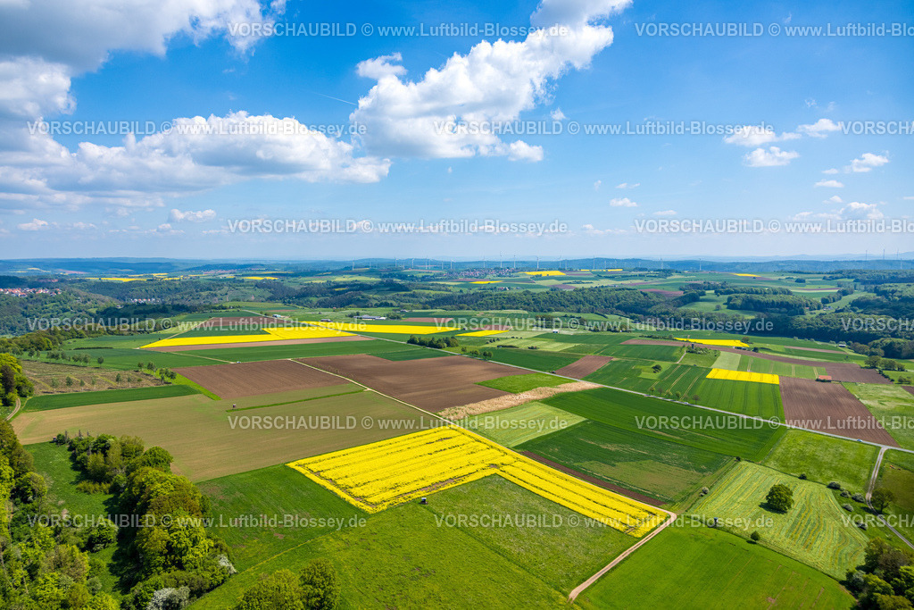 Marsberg240504096 | Luftbild, weites Land Naturschutzgebiet Galgenberg, Rapsfelder und grüne Wiesen, Fernsicht mit blauem Himmel und Wolken, kachelförmige Strukturen Wiesen und Feldern, Obermarsberg, Marsberg, Sauerland, Nordrhein-Westfalen, Deutschland