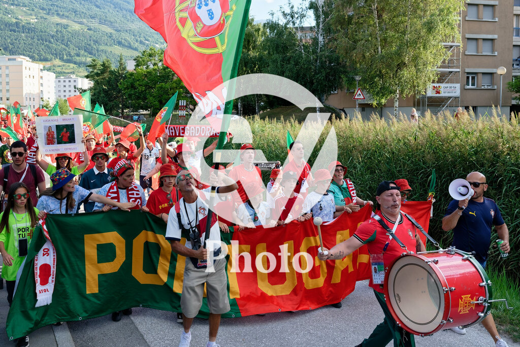 Portugal v Belgium: UEFA Women's EURO 2025 Group B | SION, SWITZERLAND - JULY 11: Fans of Portugal with flags and banner during the UEFA Women's EURO 2025 Group B match between Portugal and Belgium at Stade de Tourbillon on July 11, 2025 in Sion, Switzerland. (Photo by Giuseppe Velletri/Sports Press Photo/Getty Images)