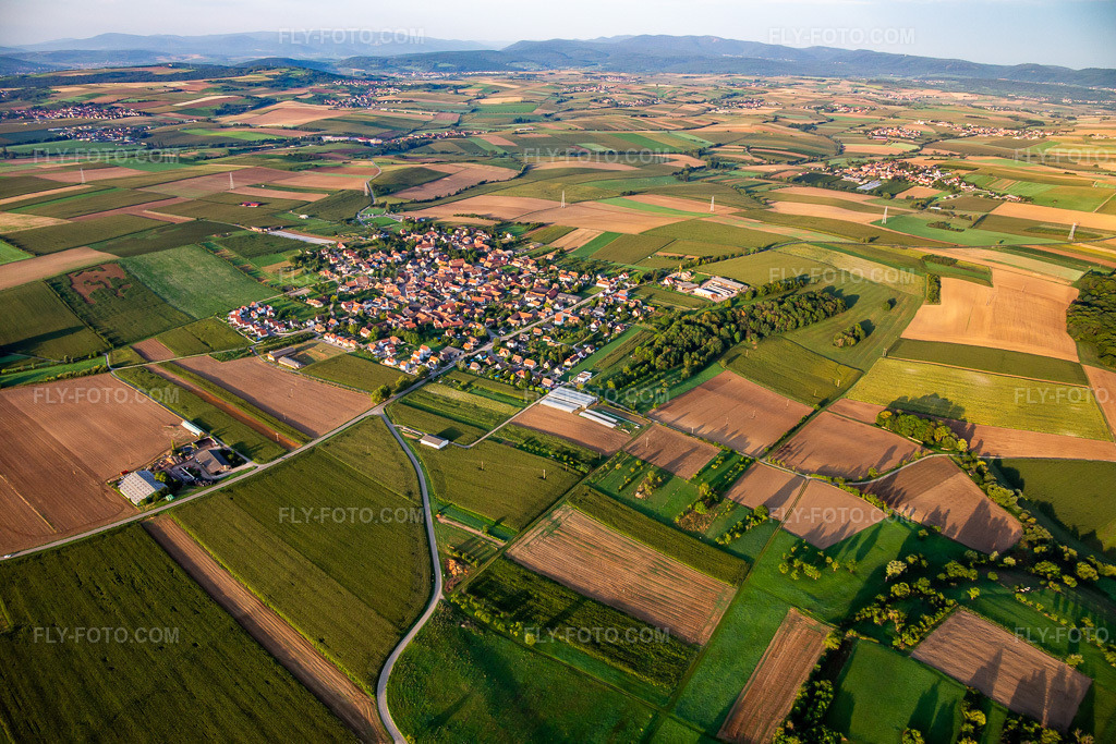 Aerial view: View of the town from the northeast in Saessolsheim in the state Bas-Rhin, France. – Photo: IMG_138042.jpg taken on 08/19/2023 by Werner Riehm/FLY-FOTO.com – Resolution of the original: 5472 x 3648 px