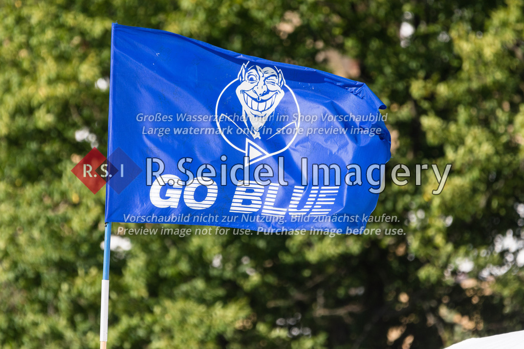 American Football, Saison 2022, Regionalliga Nord, Hamburg Blue Devils - Oldenburg Knights, Dr.-Hermann-Schnell-Sportplatz (Hamburg), 06.08.2022, 07. Gameweek | blaue Hamburg Blue Devils - Go Blue Fahne vor grünen Bäumen