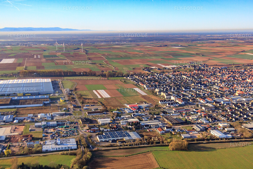 Luftbild: Gewerbegebiet Im Schlagengarten in Offenbach an der Queich im Bundesland Rheinland-Pfalz in Deutschland. Foto: IMG_63302.jpg vom 20.03.2014 durch Werner Riehm/FLY-FOTO.de