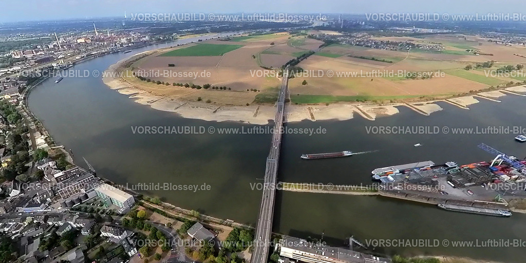 Duisburg20220817_1NiedrigwasserUerdingerBruecke2 | Luftbild, Niedrigwasser des Rheins auf der Stadtgrenze zwischen Duisburg und an der Uerdinger Brücke,  Krefeld, Ruhrgebiet, Nordrhein-Westfalen, Deutschland