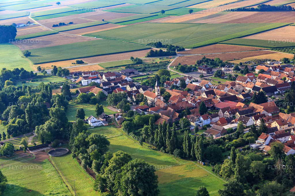 Luftbild: Ortsansicht von Westen im Ortsteil Mühlhofen in Billigheim-Ingenheim im Bundesland Rheinland-Pfalz in Deutschland. Foto: IMG_092790.jpg vom 13.08.2016 durch Werner Riehm/FLY-FOTO.de