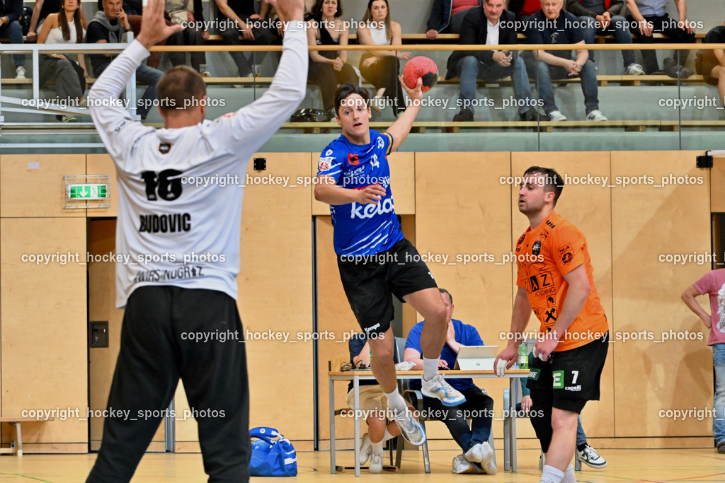 SC Ferlach vs. HSG Holding Graz | #16 BUDOVIC Jovo HSG Graz, #14 Rath Mathias SC Ferlach, #7 Galina Matej HSG Graz, SC Ferlach vs. HSG Holding Graz, SC Ferlach vs. HSG Holding Graz am 24.05.2025 in Ferlach (Ballspielhalle Ferlach), Austria, (Photo by Bernd Stefan)