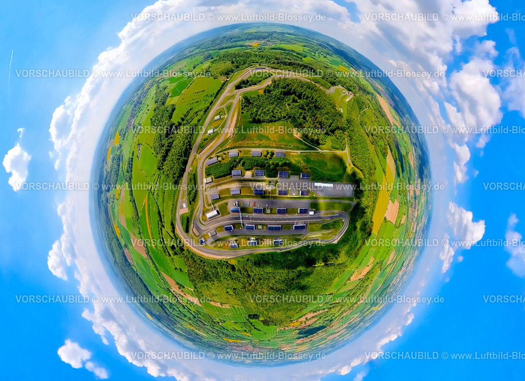 BadDriburg240590459BilsterBerg | Luftbild, Bilster Berg Rennstrecke, Teststrecke und Präsentationsstrecke, parkähnlich angelegtes Gelände, Fahrerlager mit Solardächern, Erdkugel, Fisheye Aufnahme, Fischaugen Aufnahme, 360 Grad Aufnahme, tiny world, little planet, fisheye Bild, Pömbsen, Bad Driburg, Ostwestfalen, Nordrhein-Westfalen, Deutschland