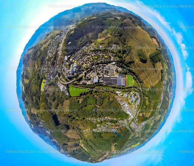 Lennestadt230990352AltenhundemNord | Luftbild, Ortsansicht Ortsteil Altenhundem-Nord, Gewerbegebiet Hagener Straße, Sportplatz Hensel Stadion, Erdkugel, Fisheye Aufnahme, Fischaugen Aufnahme, 360 Grad Aufnahme, tiny world, Meggen, Lennestadt, Sauerland, Nordrhein-Westfalen, Deutschland