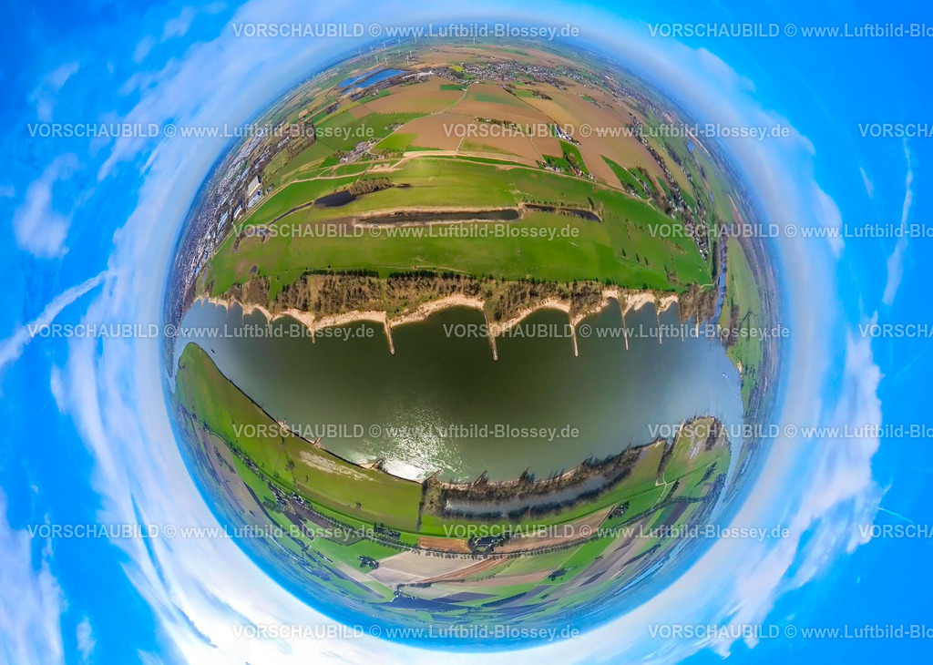 Emmerich240390134Dornick-Deich | Luftbild, Dornick-Deich, LSG Landschaftsschutzgebiet Dornicker Ward, Teil der natürlichen Flussaue des Rheins, Erdkugel, Fisheye Aufnahme, Fischaugen Aufnahme, 360 Grad Aufnahme, tiny world, little planet, fisheye Bild, Dornick, Emmerich am Rhein, Nordrhein-Westfalen, Deutschland
