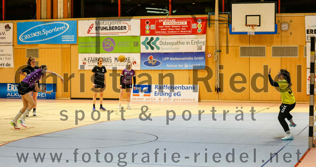 2024-02-10_094_SpVgg_Altenerding_gegen_SVA_Palzing | Erding, Deutschland, 10.02.2024:
Handball, Bezirksoberliga Frauen Altbayern 2023 / 2024, 14. Spieltag, SpVgg Altenerding gegen SVA Palzing, Endergebnis: 27:28

Greta Felbinger (SpVgg Altenerding, #4), Anja Schmidt (SVA Palzing, #2), Johanna Taubmann (SpVgg Altenerding, #22), Torfrau Sandra Huber (SVA Palzing, #33)

Foto: Christian Riedel / fotografie-riedel.net