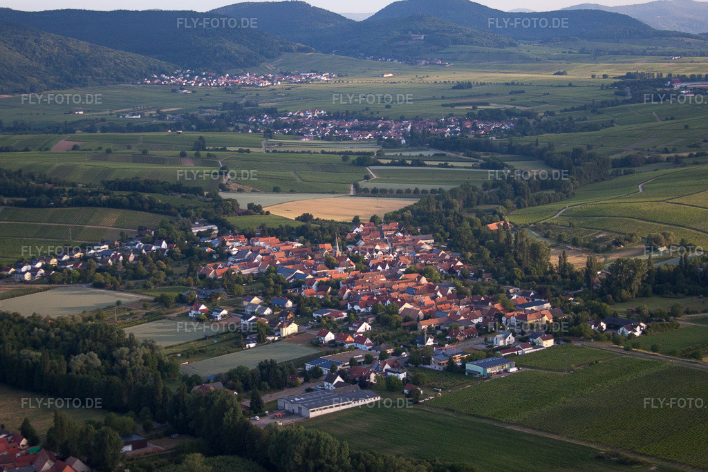 Luftbild: Feldern und Weinbergen vor der Kulisse des Haardtrandes des Pfälzerwalds im Ortsteil Heuchelheim in Heuchelheim-Klingen im Bundesland Rheinland-Pfalz in Deutschland. Foto: IMG_67852.jpg vom 14.06.2014 durch Werner Riehm/FLY-FOTO.de