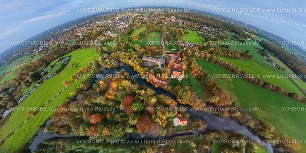 Hamm20221019_01SchlossHeessen01 | Luftbild, Schloss Heessen, Herbstwald, Fluss Lippe, Fisheye Aufnahme, Fischaugen Aufnahme, 360 Grad Aufnahme, Hamm, Ruhrgebiet, Nordrhein-Westfalen, Deutschland