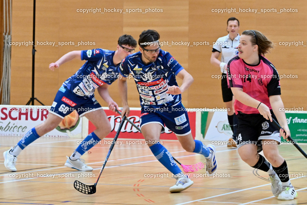 VSV Unihockey vs. Wiener Floorball Verein | #14 LAURILA Teo Wiener Floorballverein, #30 Christoph Steiner VSV Unihockey, #60 Thomas Unterweger VSV Unihockey, VSV Unihockey vs. Wiener Floorball Verein, VSV Unihockey vs. Wiener Floorball Verein am 18.05.2025 in Villach (Ballspielhalle St. Martin), Austria, (Photo by Bernd Stefan)