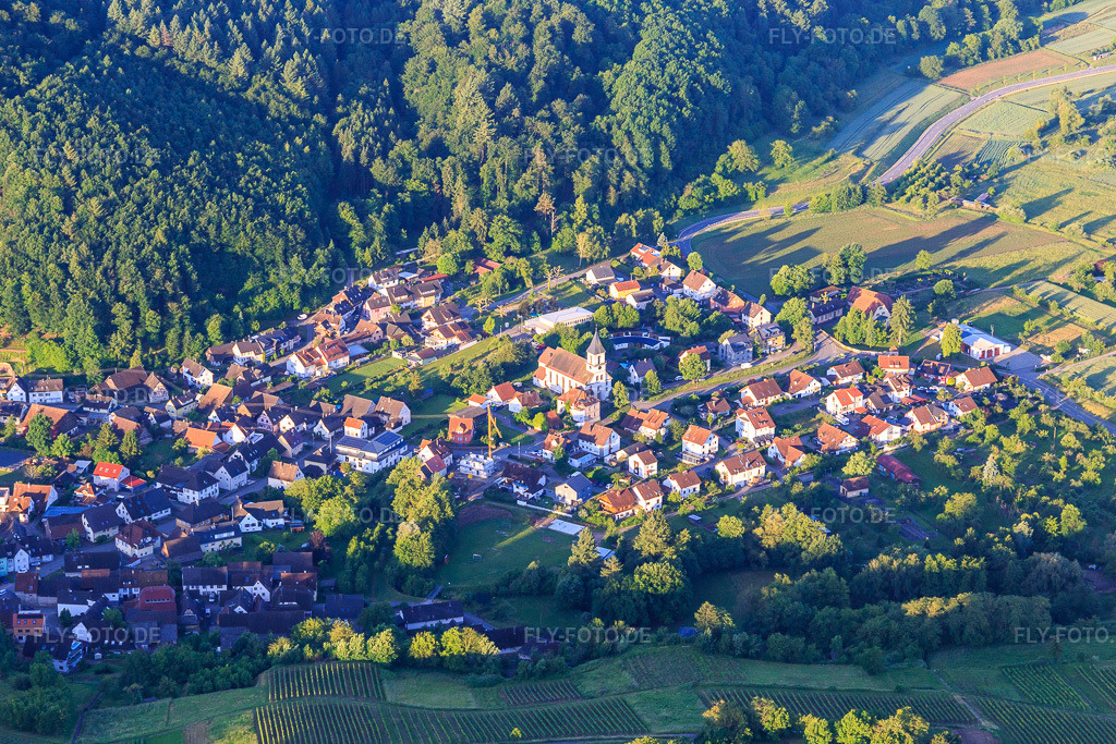 Luftbild: Winzerdorfansicht aus Norden mit Kirche St. Hilarius im Ortsteil Bleichheim in Herbolzheim im Bundesland Baden-Württemberg in Deutschland. Foto: IMG_147517.jpg vom 30.05.2025 durch Werner Riehm/FLY-FOTO.de