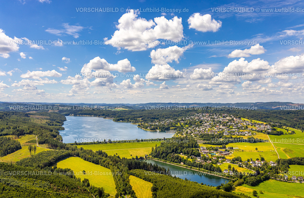 Sundern240708419 | Luftbild, Sorpetalsperre und Staumauer Damm, Ausgleichsweiher vom Sorpesee, Fernsicht und blauer Himmel mit Wolken, Stemel, Sundern, Sauerland, Nordrhein-Westfalen, Deutschland