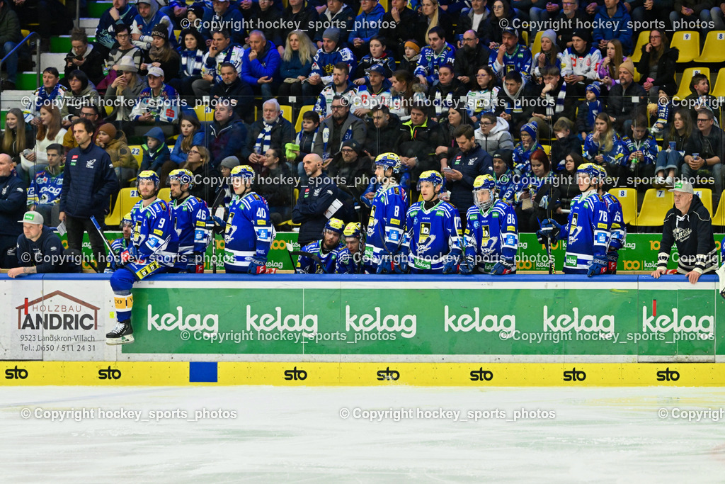 EC VSV vs. HC Bozen 16.2.2024 | Spielerbank EC VSV, Assistentcoach EC VSV David Rodman, Tormancoach EC VSV Patrick Machreich, Headcoach EC VSV Marcel Rodman, Equipment Manager EC VSV Markus Schmidt, EC VSV vs. HC Bozen 16.2.2024, EC VSV vs. HC Bozen 16.2.2024 am 16.02.2024 in Villach (Stadthalle Villach), Austria, (Photo by Bernd Stefan)