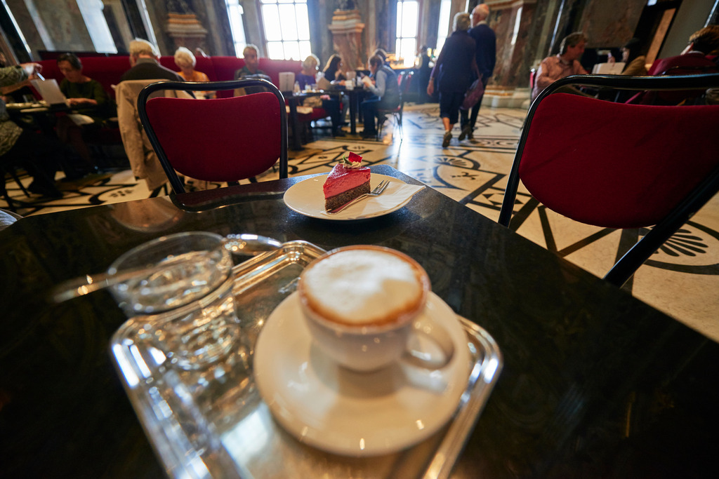 Cafe Restaurant KHM | Wien, Austria - October 18, 2017: Cafe Restaurant KHM, Himbeer-Mohntorte und Melange auf dem Tisch stehend, mit Blick in den Raum. - Realisiert mit Pictrs.com