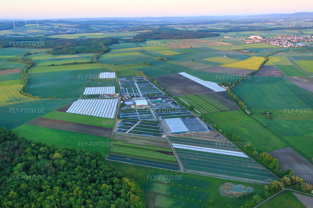 Luftbild: Gartenbau Dieter Denzer in Grettstadt im Bundesland Bayern in Deutschland. – Foto: IMG_079209.jpg vom 15.05.2015 durch Werner Riehm/FLY-FOTO.de – Auflösung des Originals: 5472 x 3648 px – dieter denzer Gartenbau