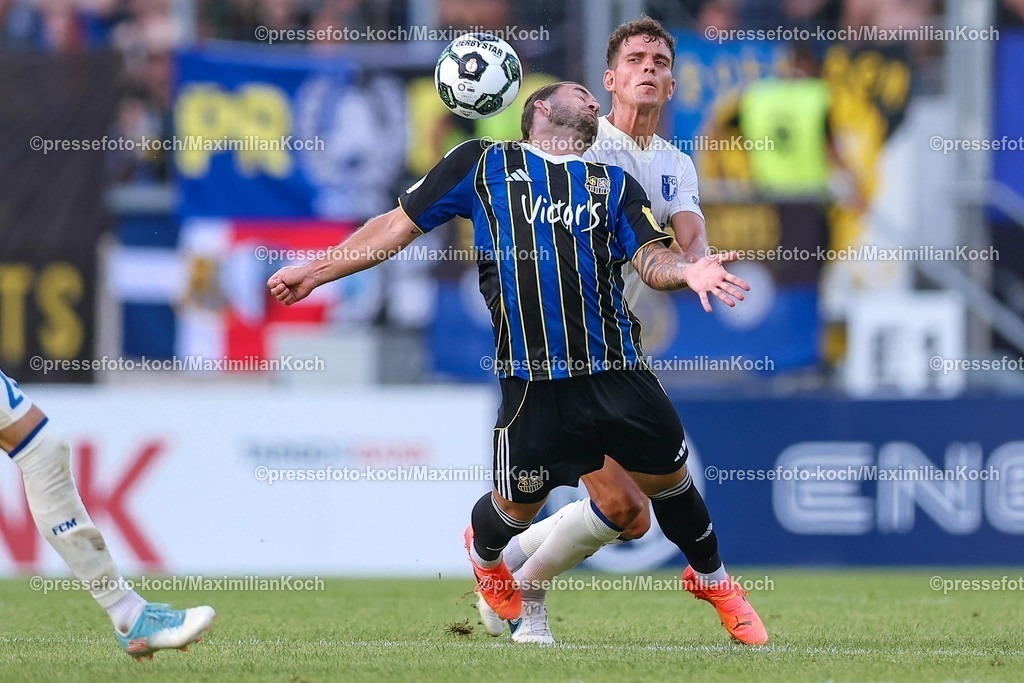 DFB15082501069 | 15.08.2025, Fußball, DFB-Pokal, 1. FC Saarbrücken - 1.FC Magdeburg, Ludwigsparkstadion, Saison 2025 2026: Dominic Baumann&nbsp;(1FC Saarbruecken #30)   DFB regulations prohibit any use of photographs as image sequences and or quasi-video.