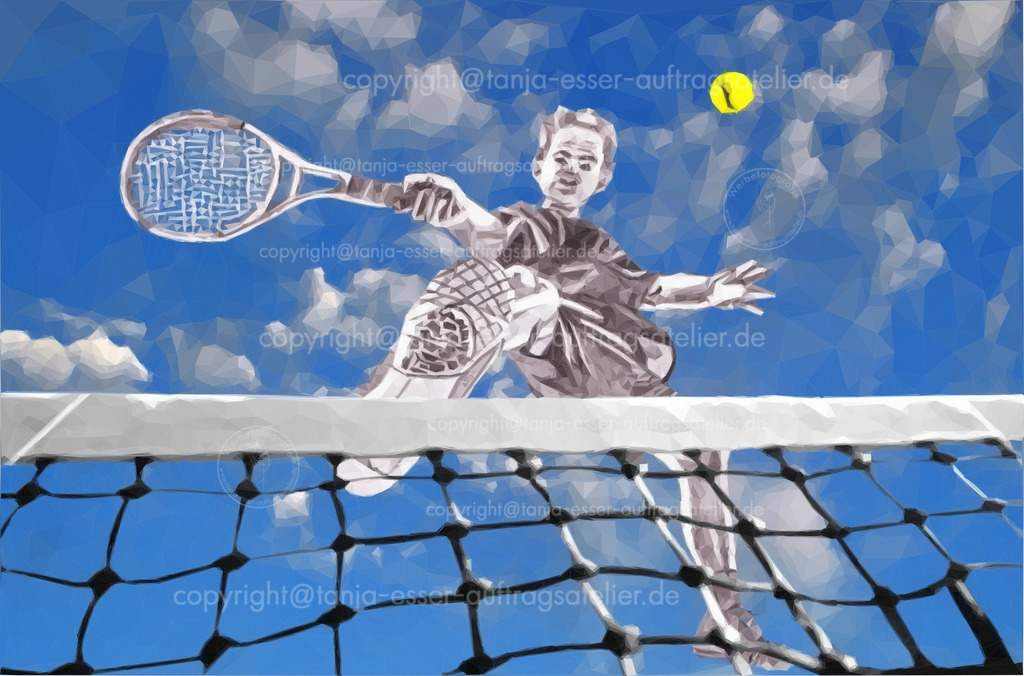 tennisspieler D | Ein Mann spielt Tennis. Froschperspektive zeigt eine Bleistiftzeichnung vor fotorealistischen Elementen in Low Poly Stil.