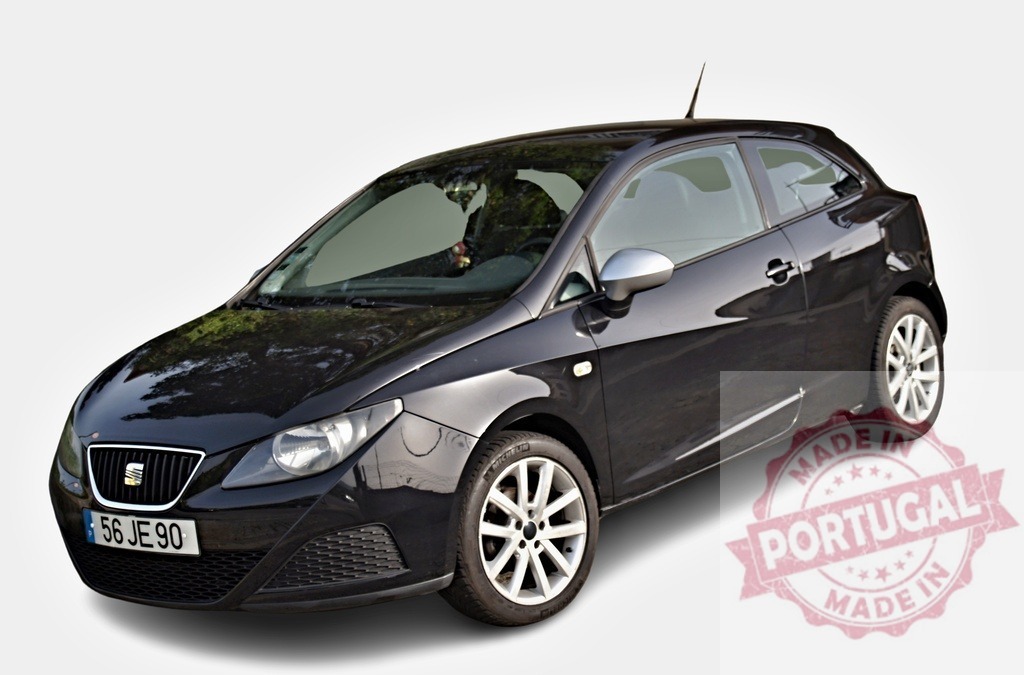 SEAT Ibiza parked, showing its front and side, isolated on white | Dark gray SEAT Ibiza with alloy wheels parked, showing its front and side, isolated on white background - Realized with Pictrs.com