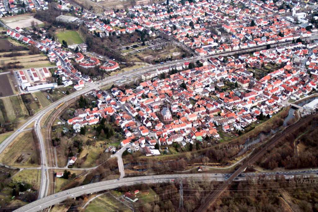 Luftbild: Ortsansicht von Südwesten im Ortsteil Knielingen in Karlsruhe im Bundesland Baden-Württemberg in Deutschland. Foto: IMG_1073.jpg vom 19.02.2006 durch Werner Riehm/FLY-FOTO.de